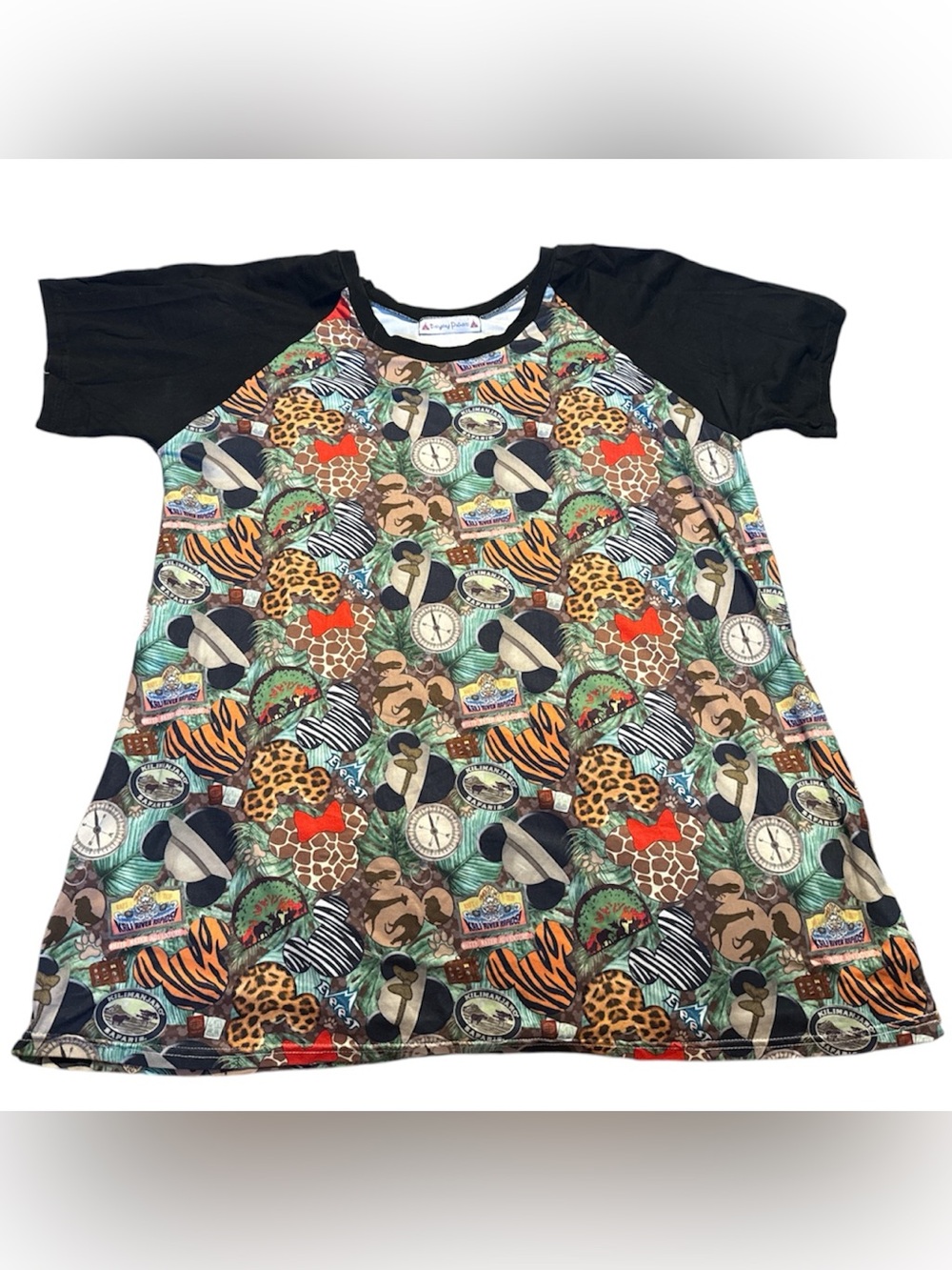 Disney Black Raglan Tee with Colorful Safari Print